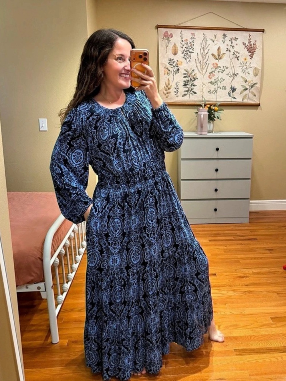 Boden Paisley Maxi Dress in Blue & Black Size 16/18R Jersey Long Sleeve Soft